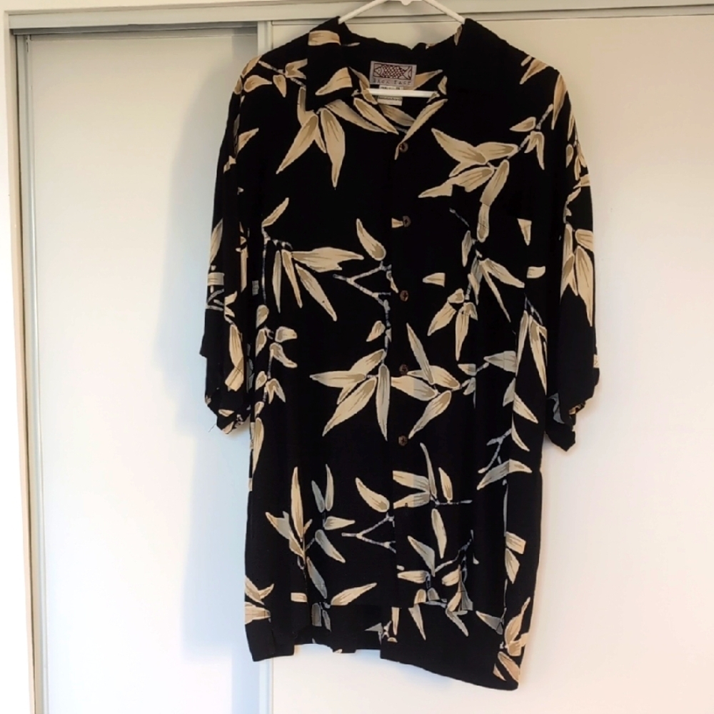 LG Back East Black and Beige Bamboo Leaf Print Shirt